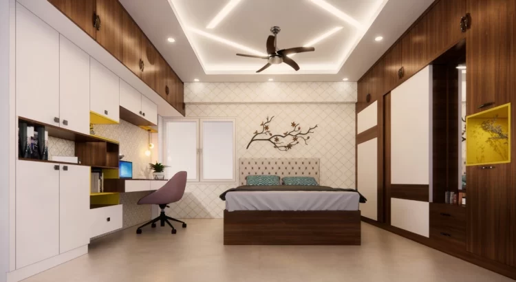 Modern bedroom interior with wooden finish, study area, and ceiling lighting