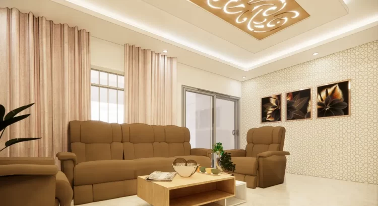 Elegant living room with beige sofas, artistic ceiling lighting, floral wall art, and a wooden coffee table.