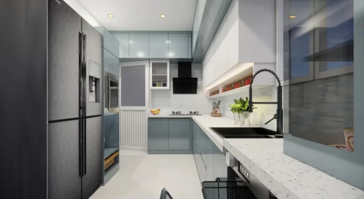 Modern modular kitchen with sleek cabinets and built-in appliances.