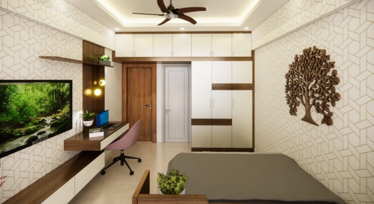 Modern bedroom setup with custom wardrobe and study area – home interior design in JP Nagar Bangalore.