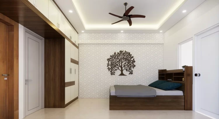 Modern bedroom with custom wooden wardrobe and wall décor by interior designers near Mysore Road.
