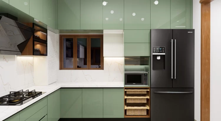 Sleek modular kitchen design with green cabinets and smart storage in JP Nagar Bangalore.