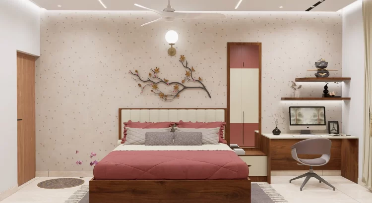 Elegant modern bedroom designed by expert interior designers in JP Nagar with smart workspace and artistic decor.