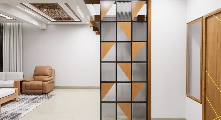 Modern living room with artistic partition and elegant ceiling design in Nagarabhavi.