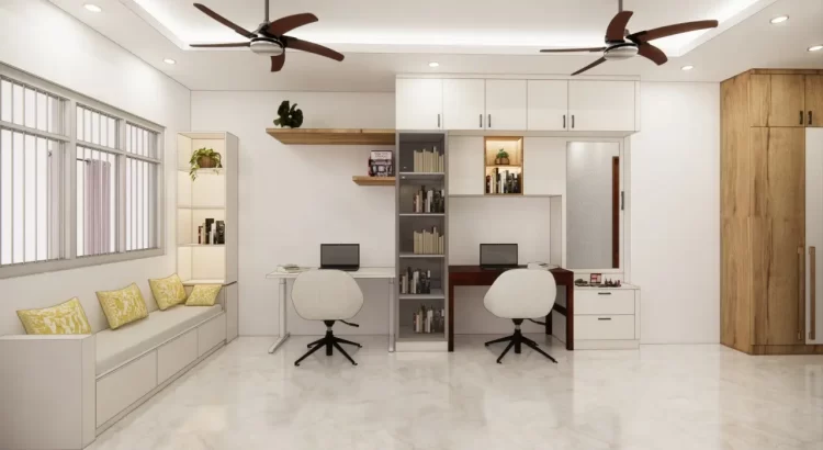 Modern dual study table design with storage by Interior designers near Mysore Road.