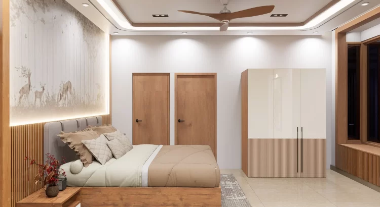 Elegant bedroom with warm wood tones by the best interior designer in JP Nagar Bangalore.