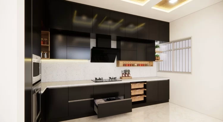 Modern black modular kitchen design by Grandeur Elite with smart storage.