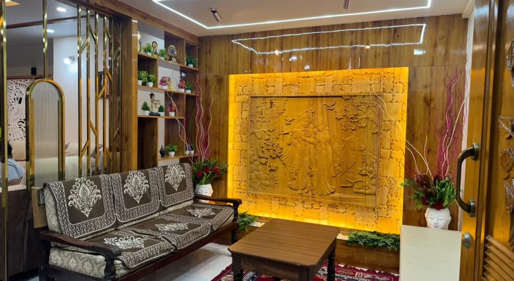 Elegant wooden living room by Interior Designers Near Mysore Road