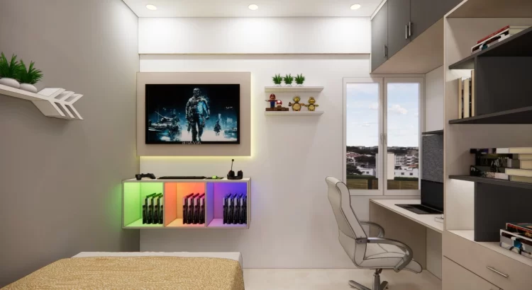 Modern compact bedroom with gaming setup designed by Interior Design Studio in Rajarajeshwari Nagar