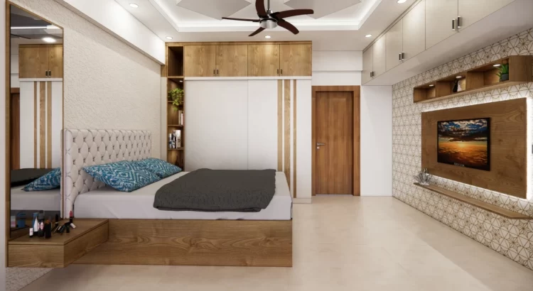 Modern luxury bedroom with wardrobe and TV wall by Home Interior Designers in Rajarajeshwari Nagar