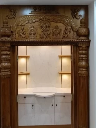 Elegant wooden pooja unit with marble backdrop