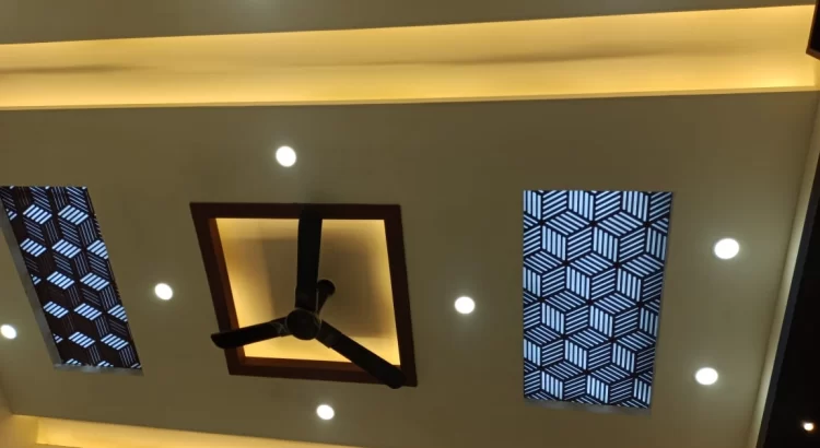 Modern false ceiling design with ambient LED lighting in a luxury living room