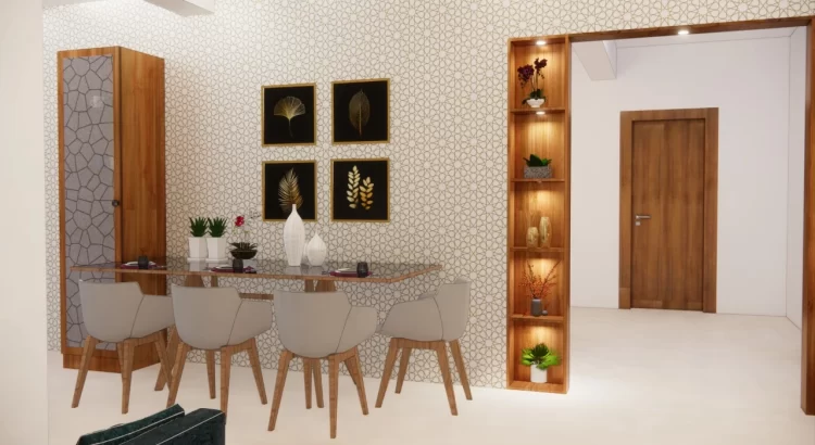Modern dining room with wooden accents and elegant décor.