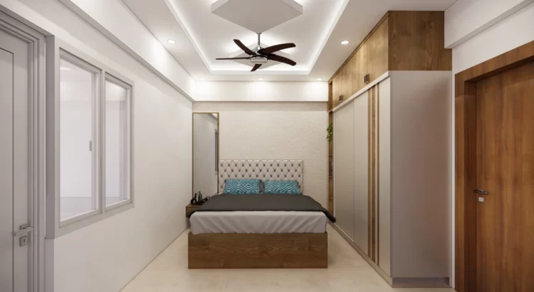 Modern luxury bedroom interior with custom wardrobe and elegant false ceiling design.