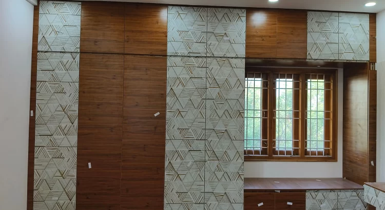 Custom wooden wall storage with geometric panels