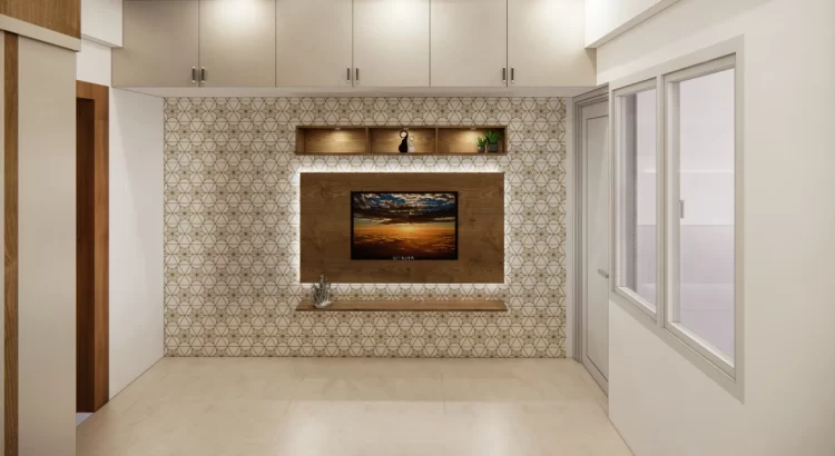 Geometric accent wall with wooden TV panel and display niches