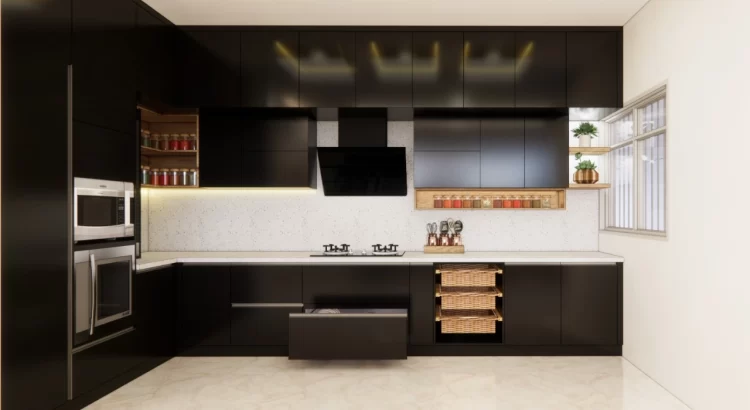 Modern black and marble kitchen interior